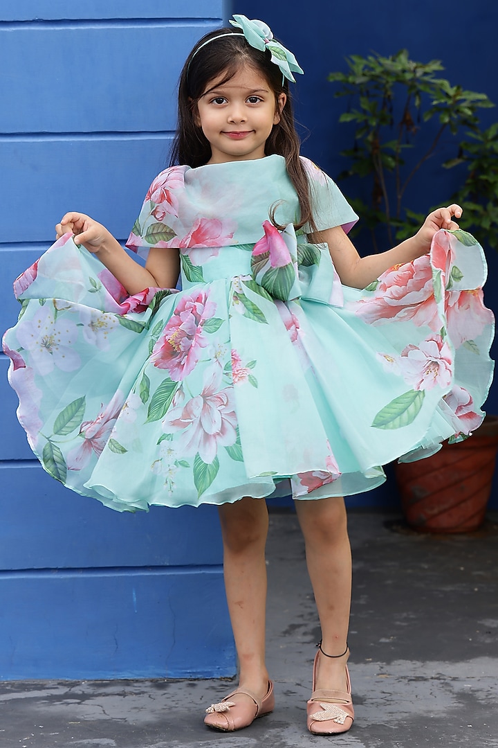 Aqua Green Organza Tissue Floral Printed Dress For Girls by Janyas Closet at Pernia's Pop Up Shop