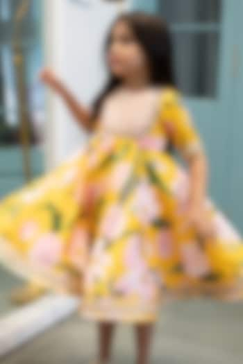 Yellow Satin Floral Printed Tunic Dress For Girls by Janyas Closet at Pernia's Pop Up Shop