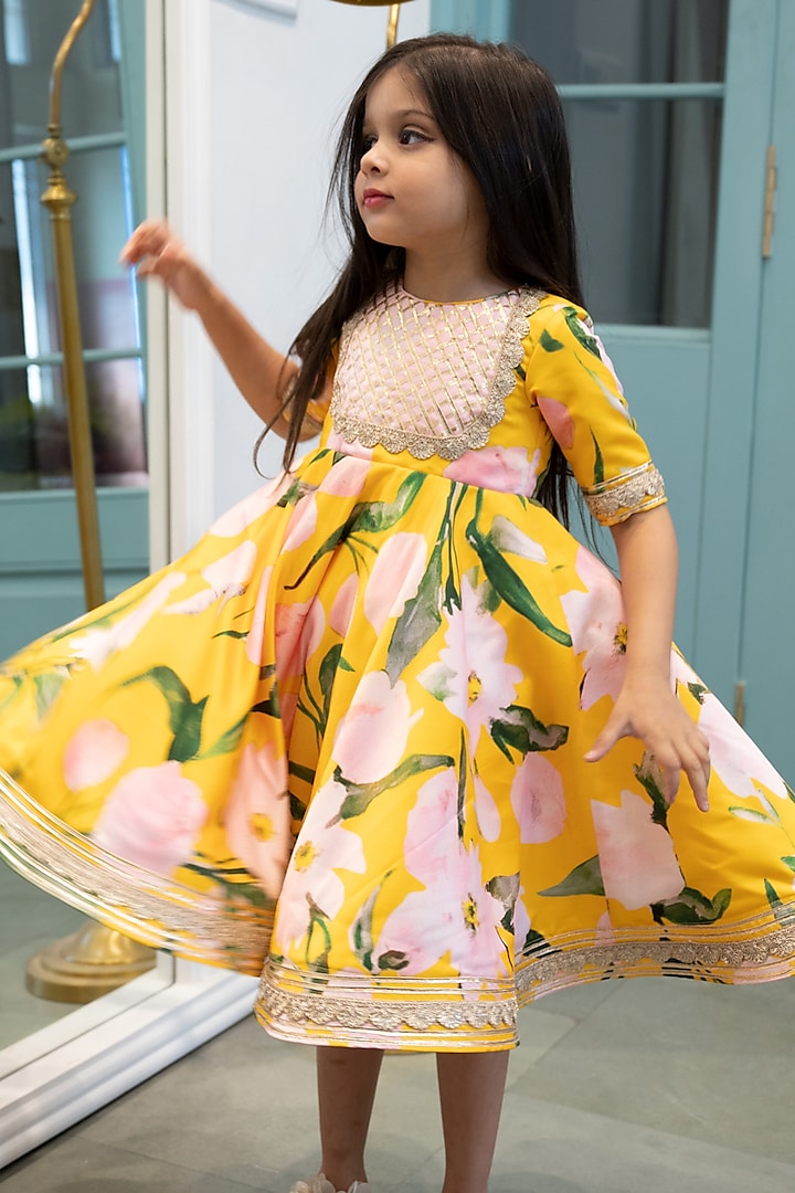 Yellow Satin Floral Printed Tunic Dress For Girls by Janyas Closet at Pernia's Pop Up Shop