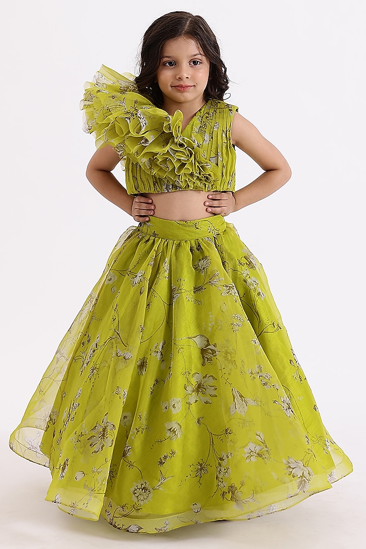 Green Organza Floral Printed Lehenga Set For Girls by Janyas Closet at Pernia's Pop Up Shop