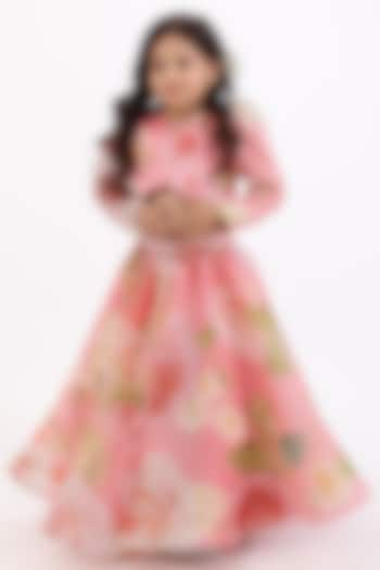 Peach Pink Organza Floral Printed Lehenga Set For Girls by Janyas Closet at Pernia's Pop Up Shop