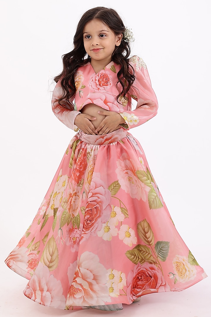 Peach Pink Organza Floral Printed Lehenga Set For Girls by Janyas Closet at Pernia's Pop Up Shop