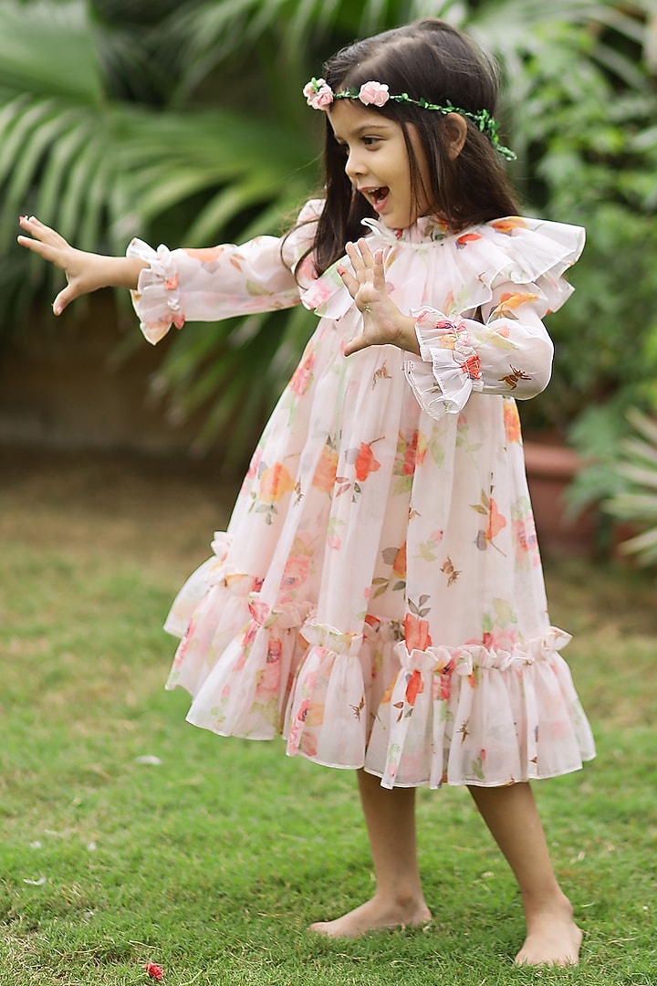 Peach Organza & Silk Digital Floral Printed Dress For Girls by Janyas Closet at Pernia's Pop Up Shop
