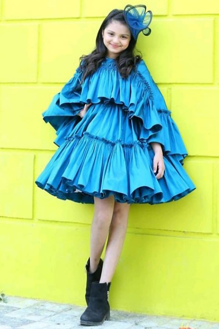 Peacock Blue Taffeta Silk Cape Dress For Girls by Janyas Closet at Pernia's Pop Up Shop