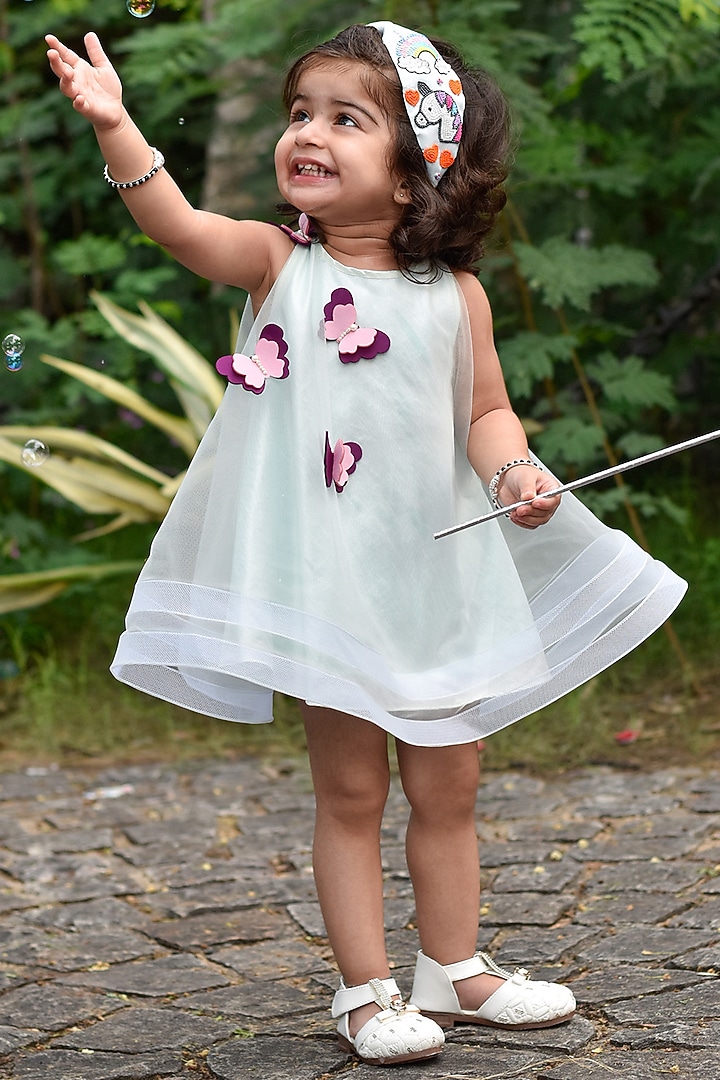 Aqua Green Net & Silk Butterfly Dress For Girls by Janyas Closet at Pernia's Pop Up Shop