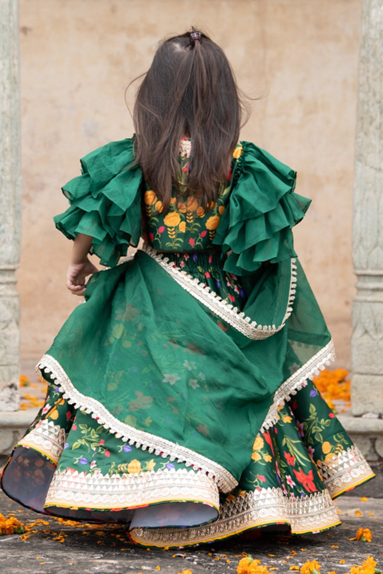 JANYAS CLOSET Green Radha Printed Bustier Top Lehnga Set