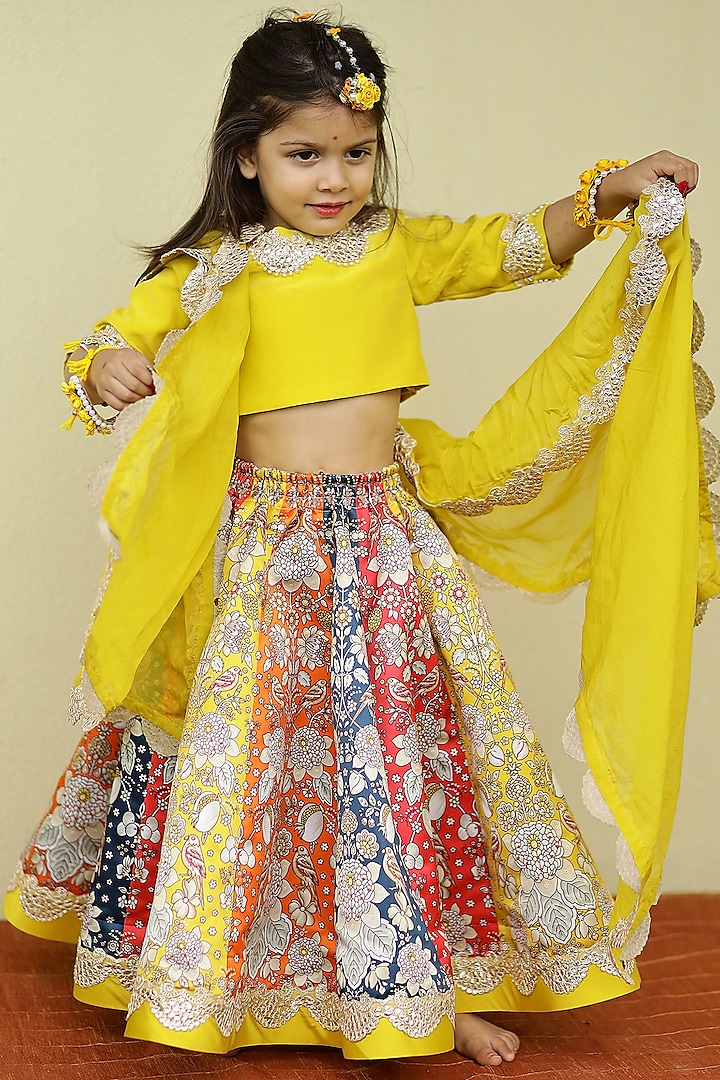 Multi-Colored Printed Satin Embroidered Lehenga Set For Girls by Janyas Closet at Pernia's Pop Up Shop