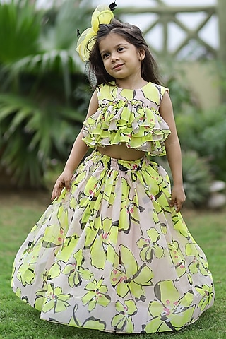 Yellow & Beige Printed Organza Ruffled Lehenga Set For Girls by Janyas Closet