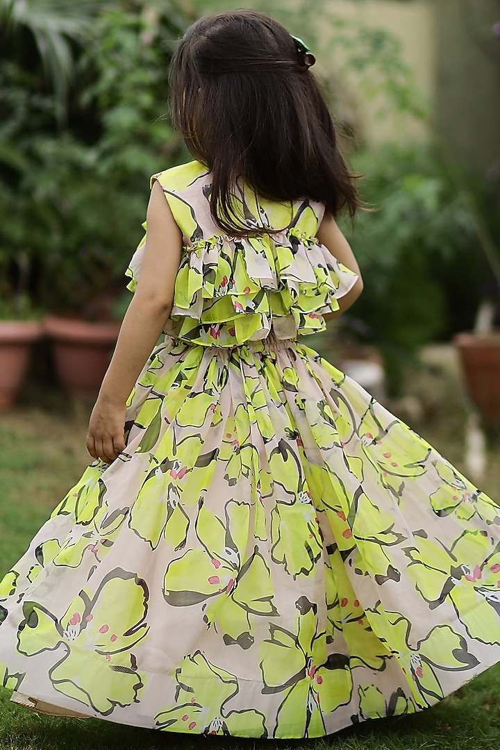 Yellow & Beige Printed Organza Ruffled Lehenga Set For Girls by Janyas Closet at Pernia's Pop Up Shop