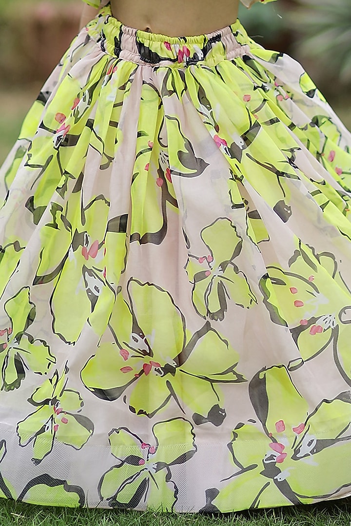 Yellow & Beige Printed Organza Ruffled Lehenga Set For Girls by Janyas Closet at Pernia's Pop Up Shop