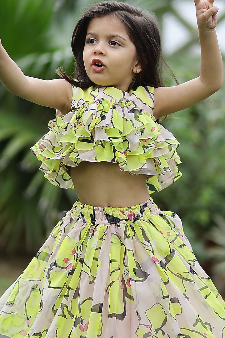 Yellow & Beige Printed Organza Ruffled Lehenga Set For Girls by Janyas Closet at Pernia's Pop Up Shop