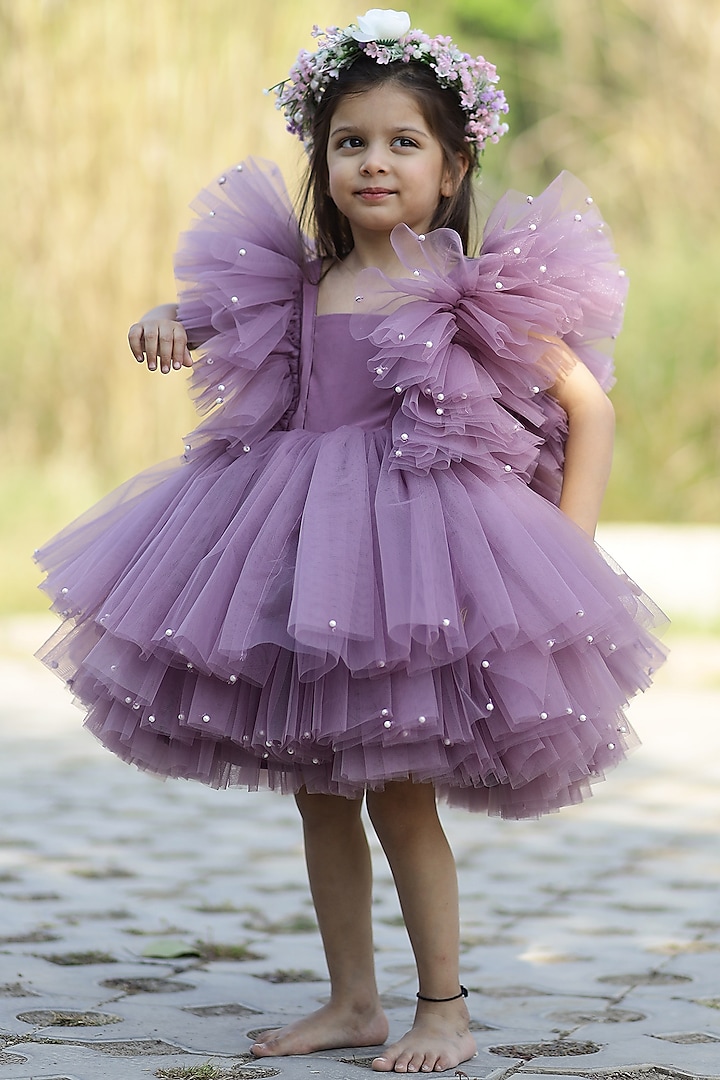 Dark Lavender Silk & Net Pearl Layered Dress For Girls by Janyas Closet at Pernia's Pop Up Shop