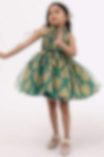 Green Net & Silk Floral Printed Dress For Girls by Janyas Closet