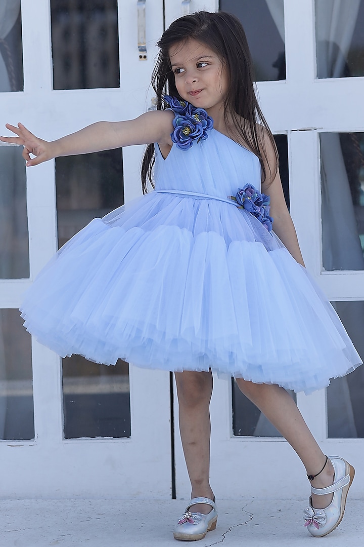 Ice Blue Net & Silk Floral Sleeveless Dress For Girls by Janyas Closet