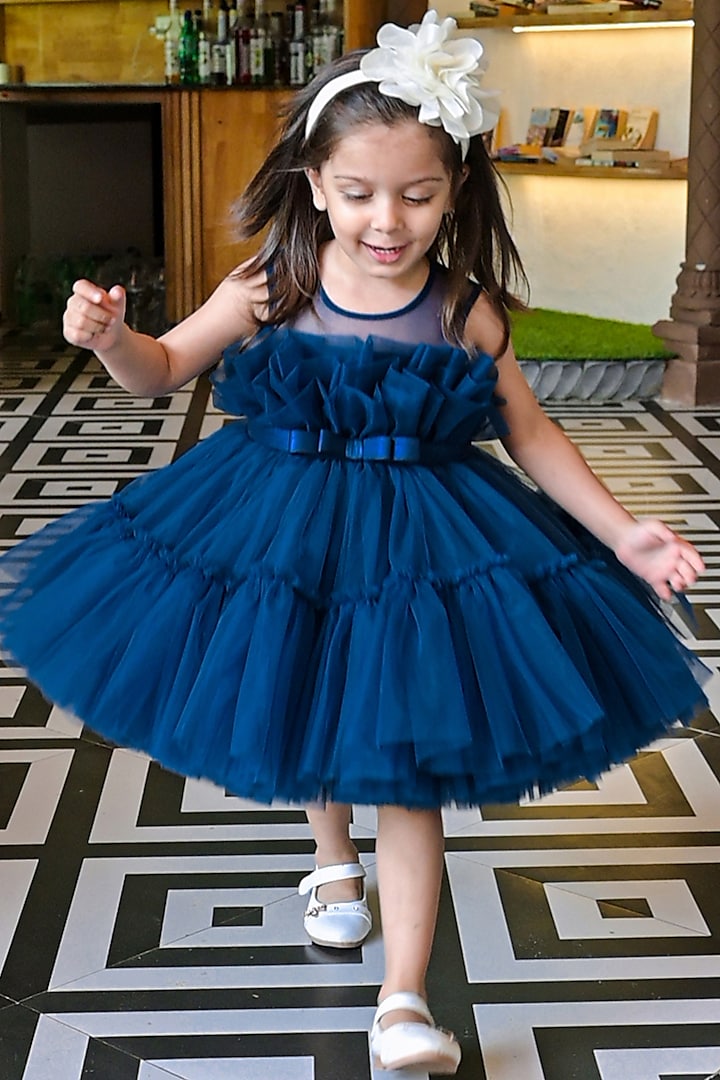 Teal Blue Silk & Net Draped Dress For Girls by Janyas Closet