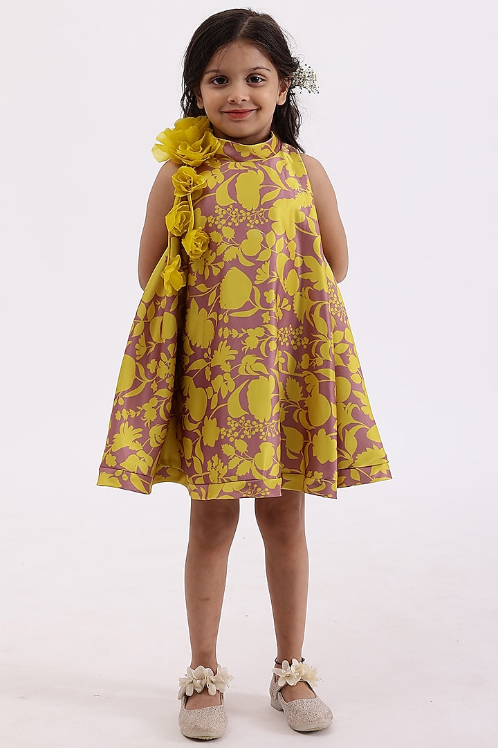 Yellow Printed Satin 3D Floral Embellished A-Line Dress For Girls by Janyas Closet