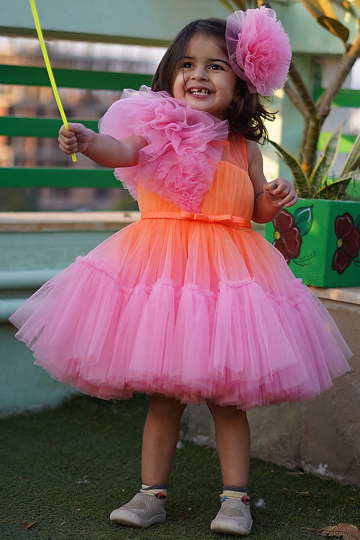 Pink & Orange Net Draped Dress For Girls by Janyas Closet