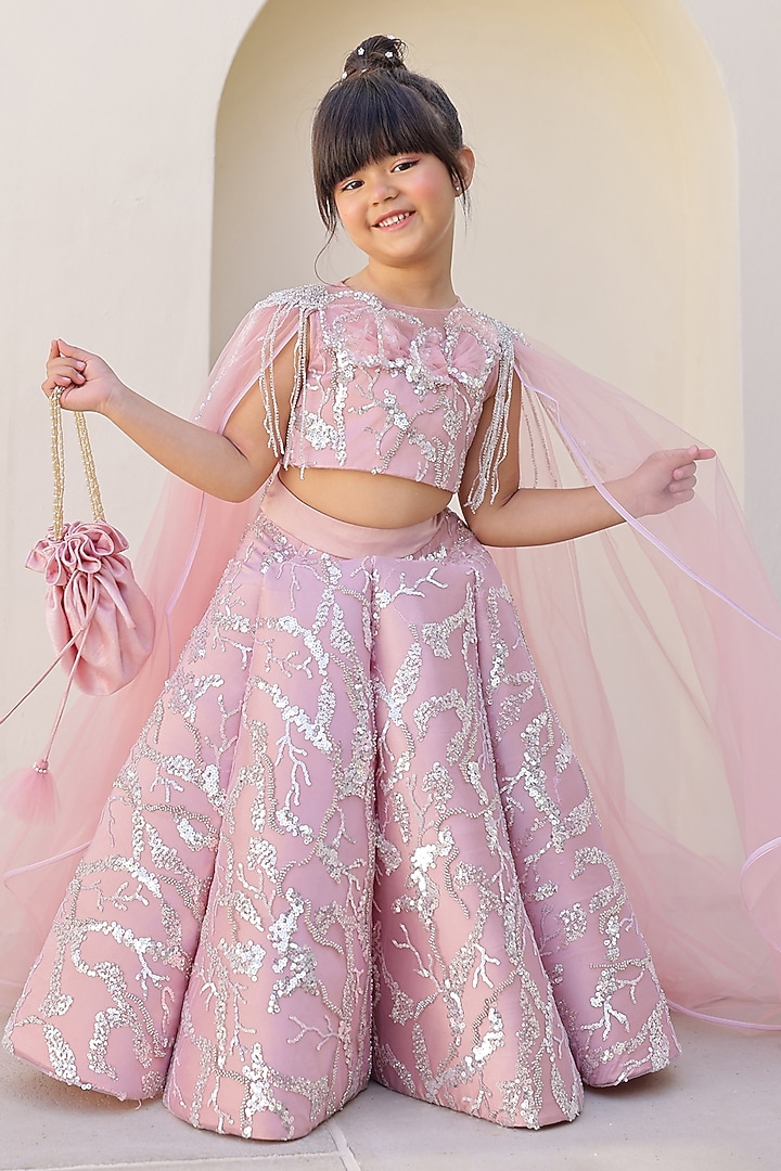 Pink Sequins & Satin Embroidered Lehenga Set For Girls by Janyas Closet at Pernia's Pop Up Shop