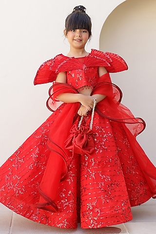 Red Sequins & Silk Embroidered Lehenga Set For Girls by Janyas Closet