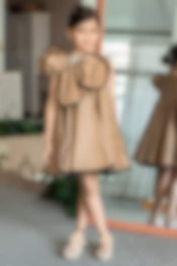 Golden Brown Satin Embroidered Dress For Girls by Janyas Closet at Pernia's Pop Up Shop