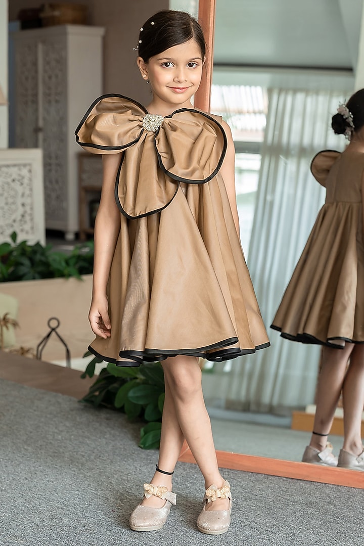 Golden Brown Satin Embroidered Dress For Girls by Janyas Closet at Pernia's Pop Up Shop