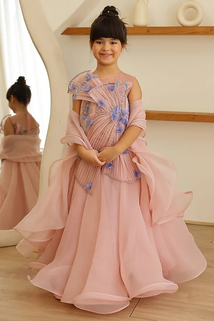 Mauve Organza Satin & Silk Embroidered Lehenga Set For Girls by Janyas Closet at Pernia's Pop Up Shop