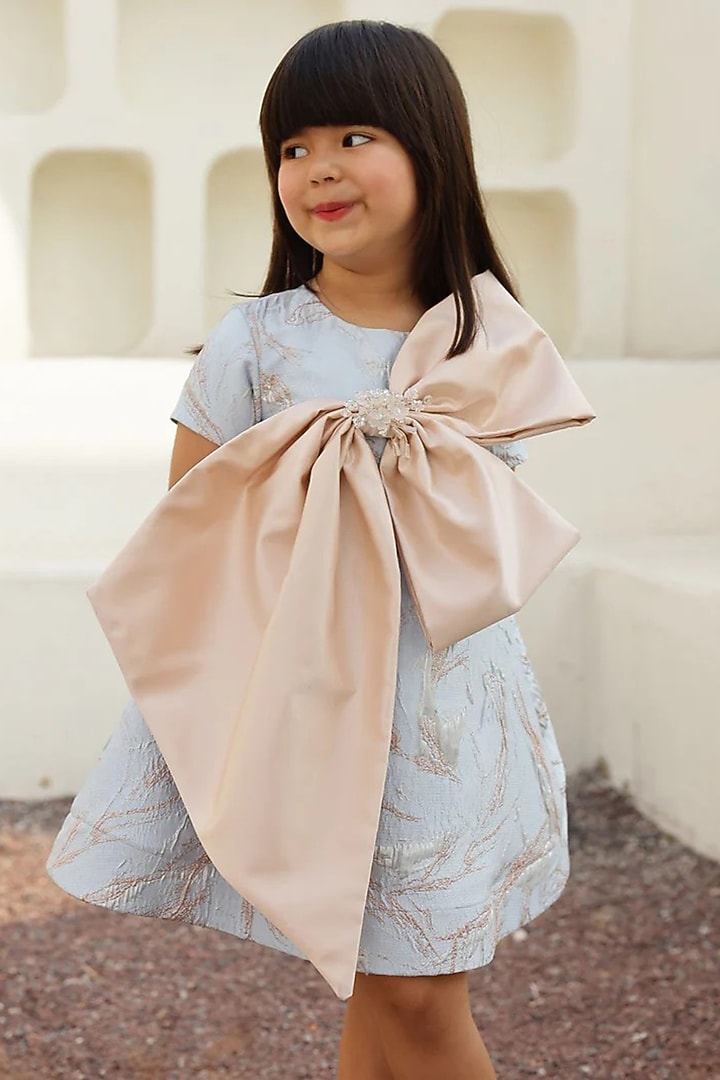 Blue Jacquard & Satin Dress For Girls by Janyas Closet at Pernia's Pop Up Shop
