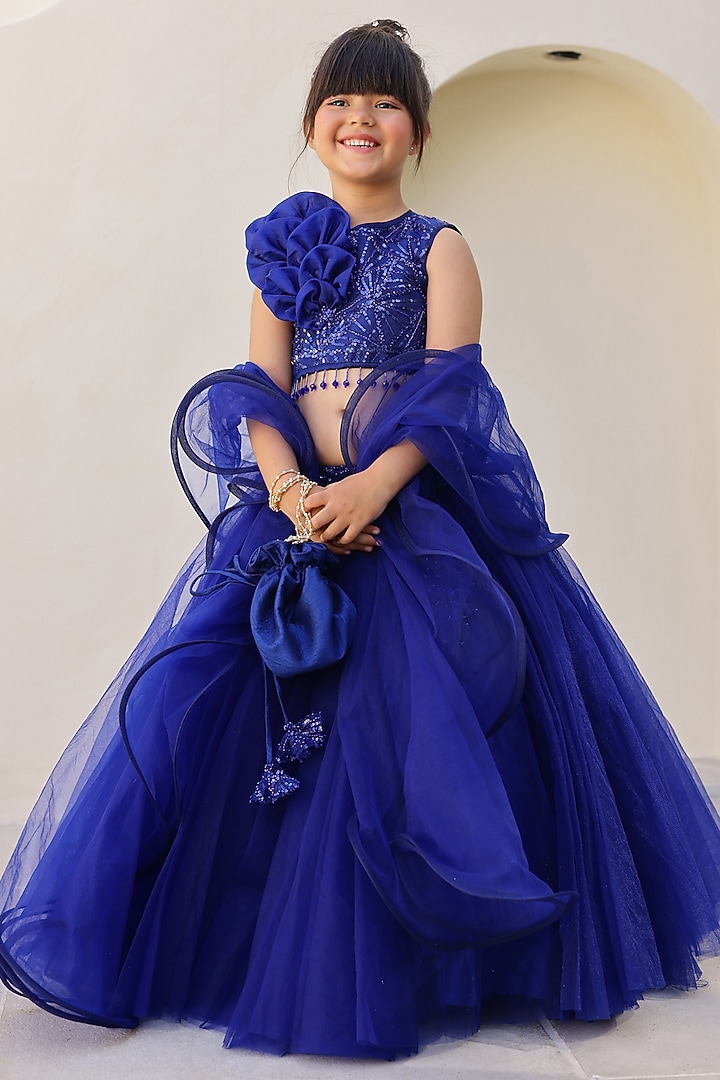 Royal Blue Sequins & Silk Embroidered Lehenga Set For Girls by Janyas Closet at Pernia's Pop Up Shop