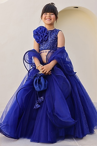 Royal Blue Sequins & Silk Embroidered Lehenga Set For Girls by Janyas Closet