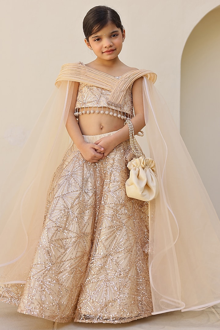 Gold Sequins & Silk Embroidered Lehenga Set For Girls by Janyas Closet at Pernia's Pop Up Shop
