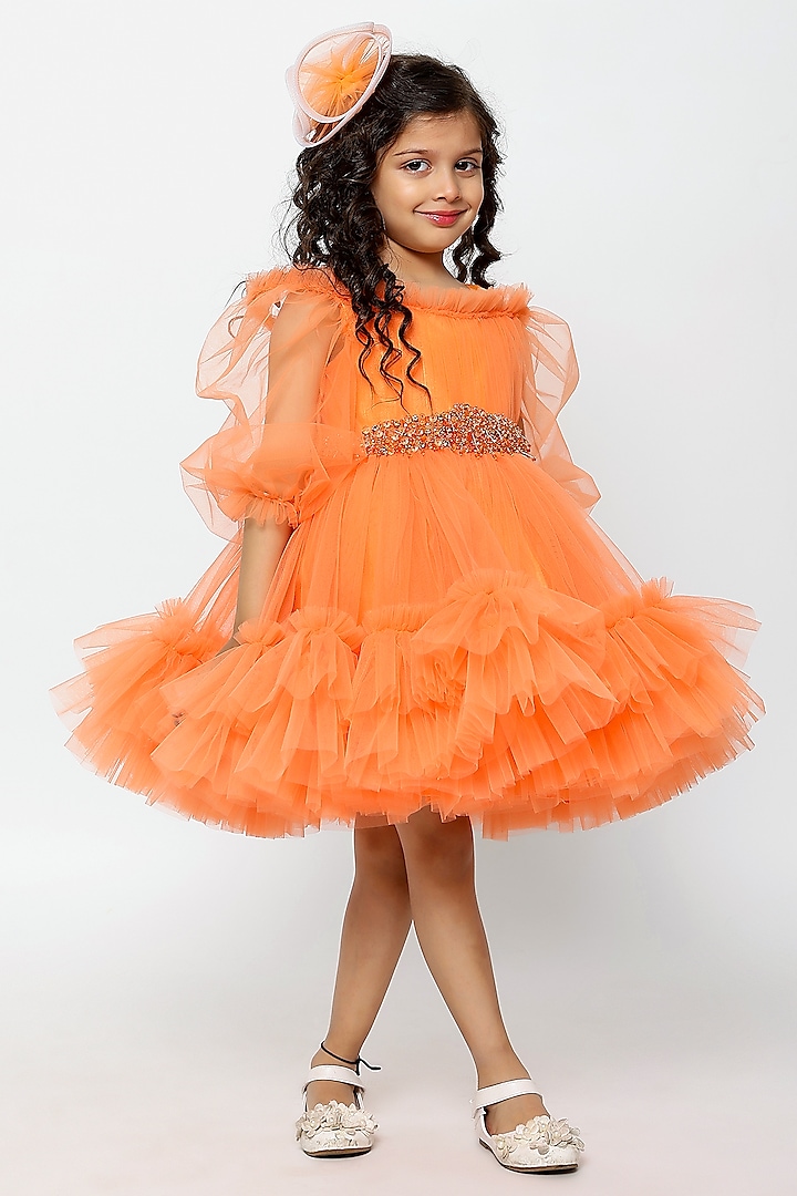Orange Net & Silk Hand Embroidered Frilled Dress For Girls by Janyas Closet