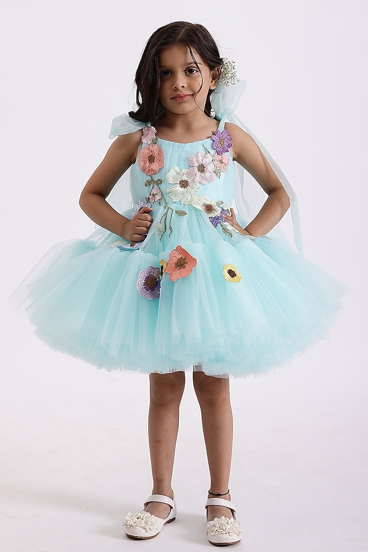 Baby Blue Net & Silk Floral Hand Embroidered Fluffy Dress For Girls by Janyas Closet