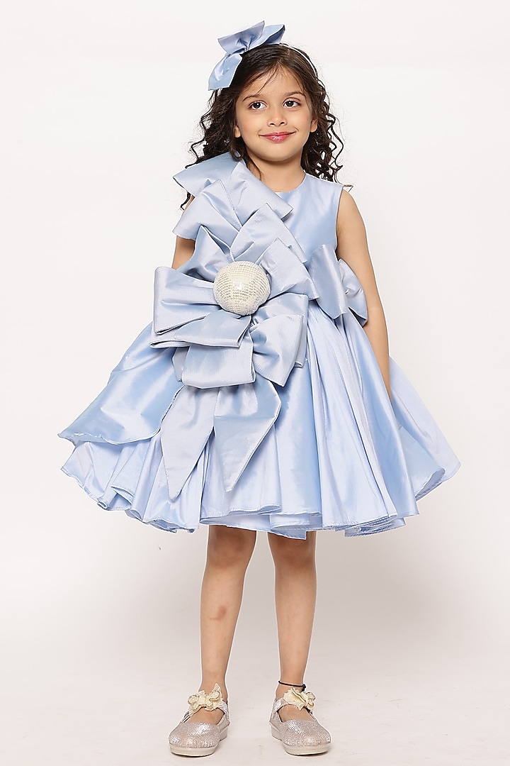 Ice Blue Taffeta Handcrafted Draped Dress For Girls by Janyas Closet