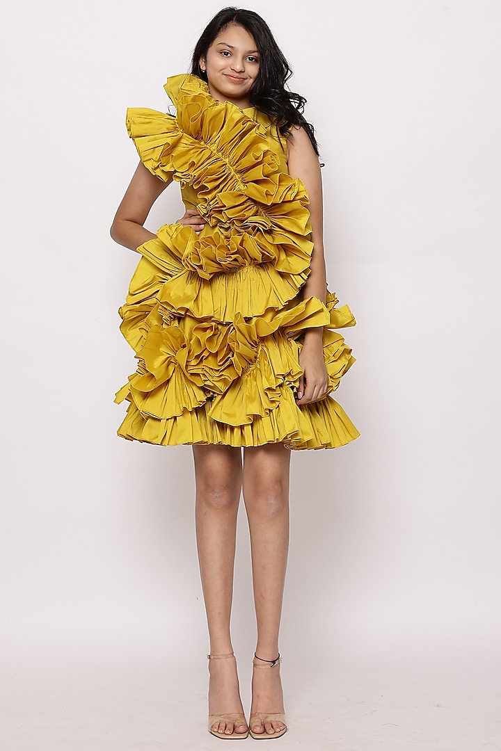 Yellow Taffeta One-Shoulder Ruffled Dress for Girls by Janyas Closet