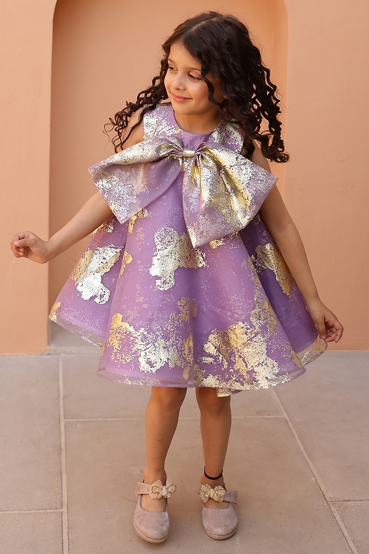 Purple Organza Tissue Foil Printed Dress For Girls by Janyas Closet at Pernia's Pop Up Shop