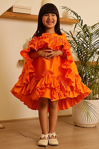 Orange Taffeta Silk Ruffled Dress For Girls by Janyas Closet