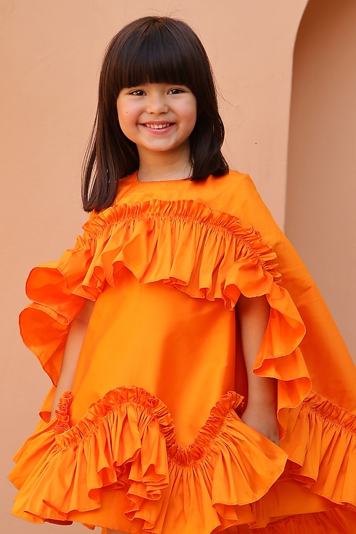 Orange Taffeta Silk Ruffled Dress For Girls by Janyas Closet at Pernia's Pop Up Shop