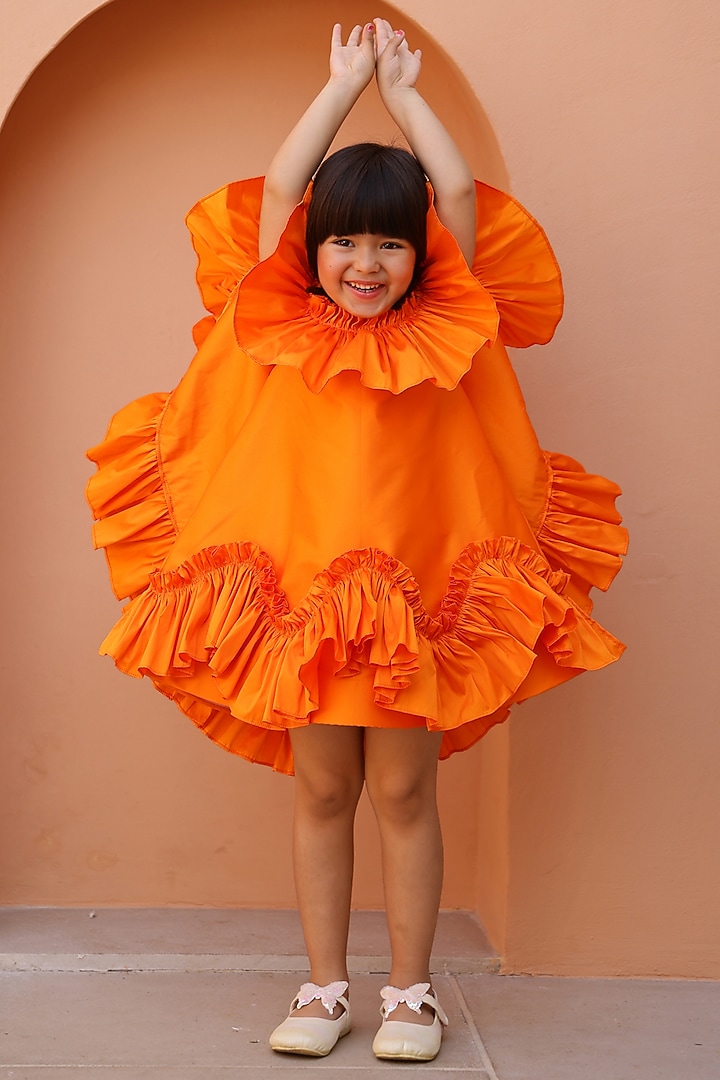 Orange Taffeta Silk Ruffled Dress For Girls by Janyas Closet at Pernia's Pop Up Shop