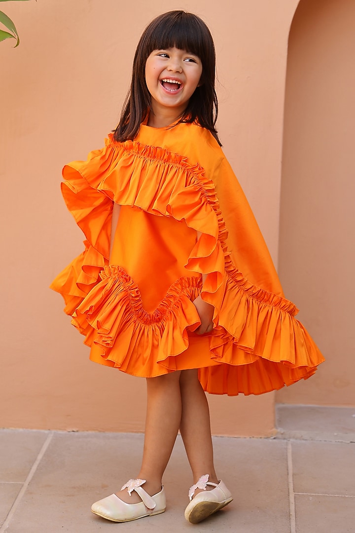 Orange Taffeta Silk Ruffled Dress For Girls by Janyas Closet at Pernia's Pop Up Shop