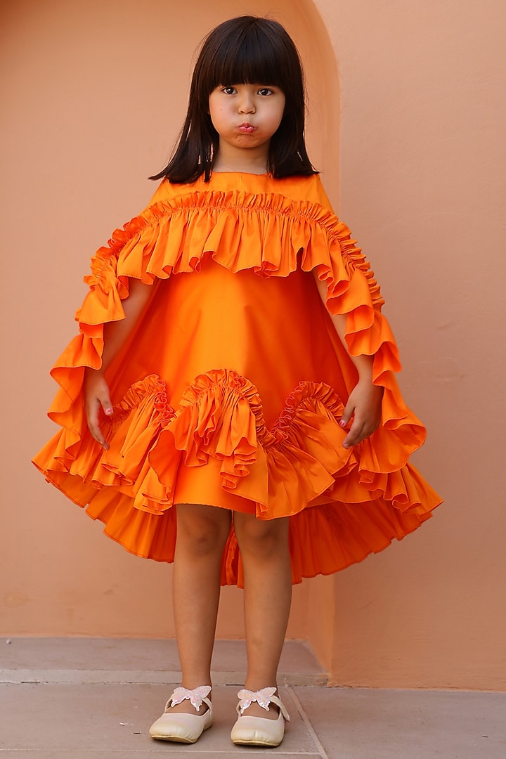 Orange Taffeta Silk Ruffled Dress For Girls by Janyas Closet at Pernia's Pop Up Shop