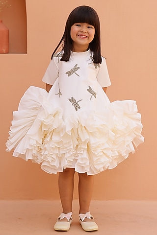White Satin Taffeta Silk Embellished Dress For Girls by Janyas Closet