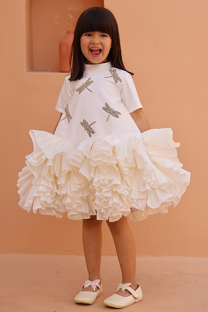 White Satin Taffeta Silk Embellished Dress For Girls by Janyas Closet at Pernia's Pop Up Shop