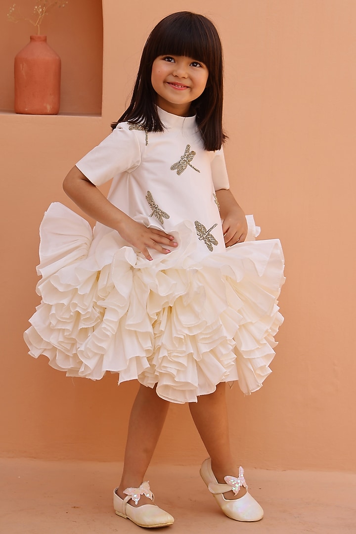 White Satin Taffeta Silk Embellished Dress For Girls by Janyas Closet at Pernia's Pop Up Shop