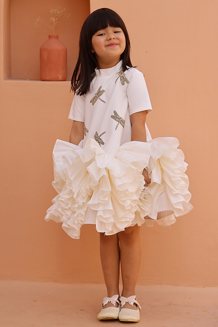 White Satin Taffeta Silk Embellished Dress For Girls by Janyas Closet at Pernia's Pop Up Shop