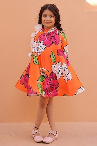 Orange Satin Floral Printed & Embellished Dress For Girls by Janyas Closet