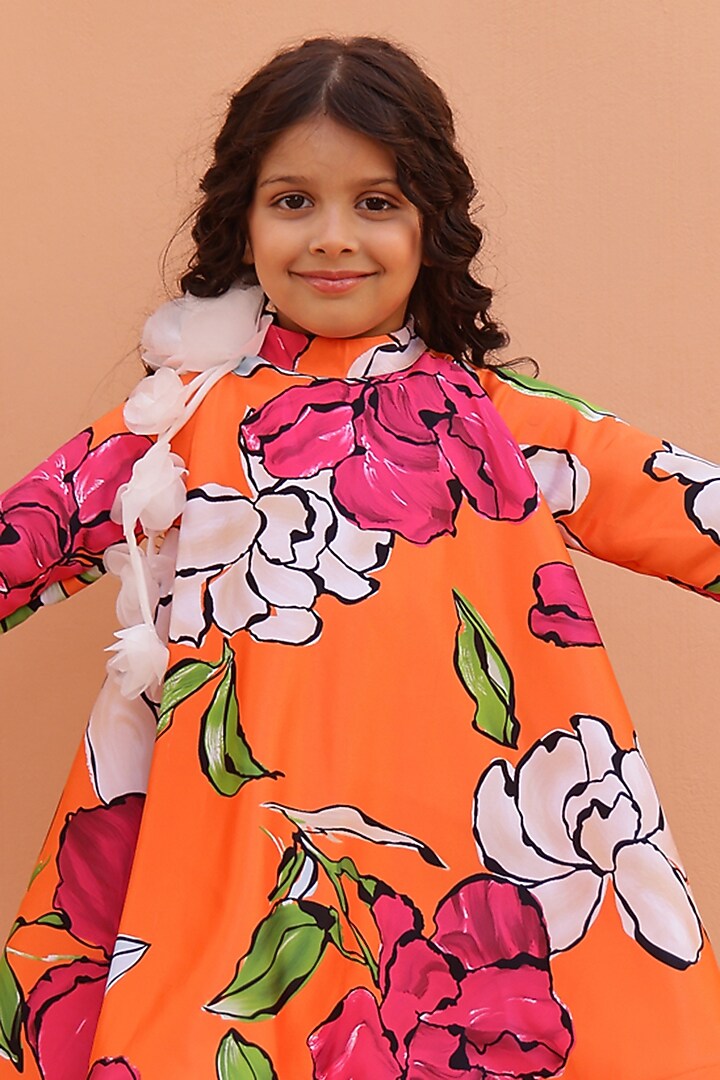 Orange Satin Floral Printed & Embellished Dress For Girls by Janyas Closet at Pernia's Pop Up Shop