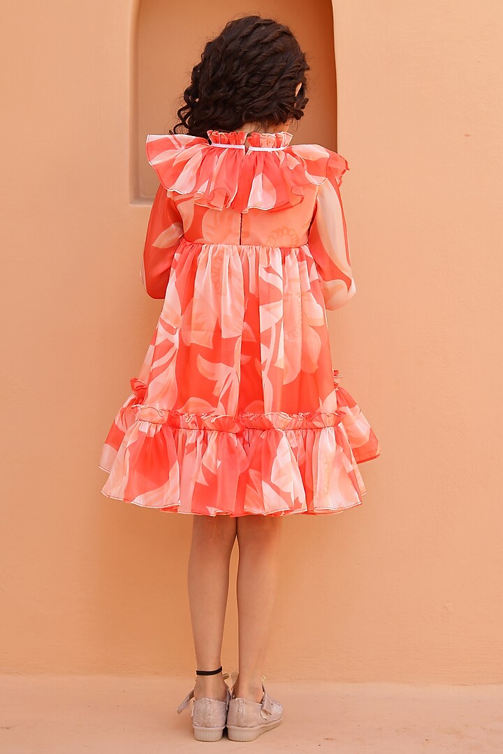 Orange Organza Satin Floral Printed Dress For Girls by Janyas Closet at Pernia's Pop Up Shop