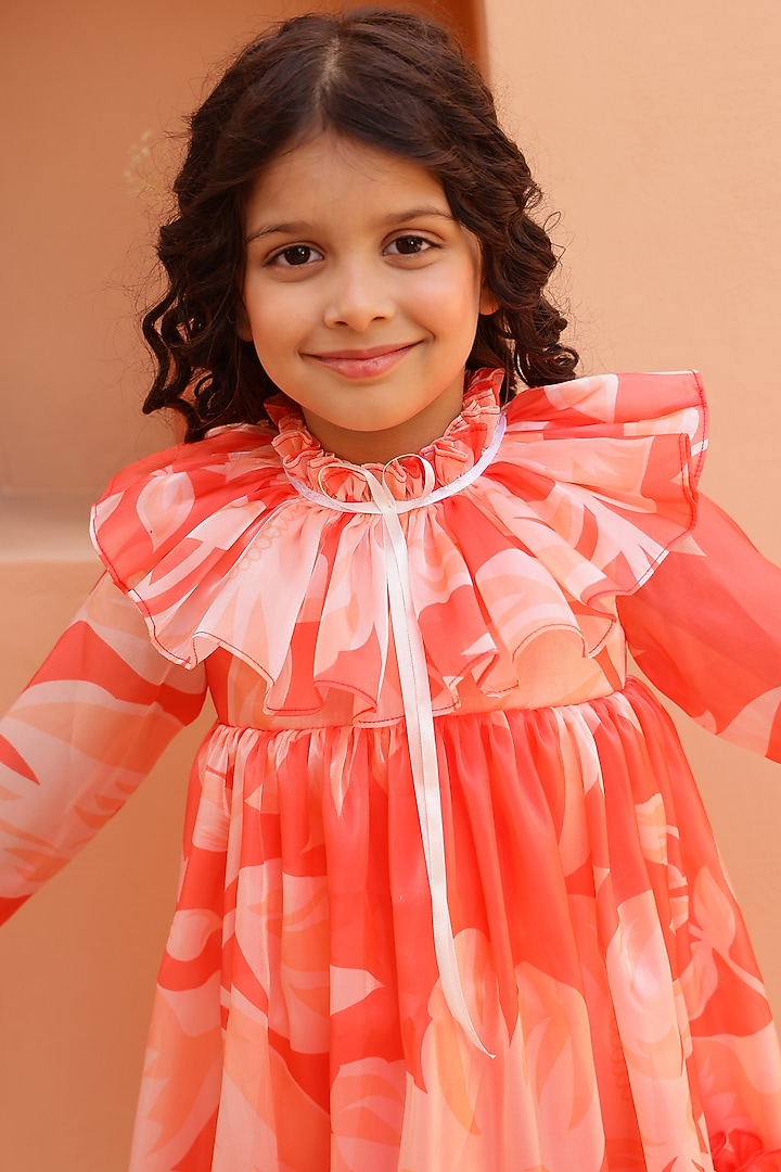 Orange Organza Satin Floral Printed Dress For Girls by Janyas Closet at Pernia's Pop Up Shop