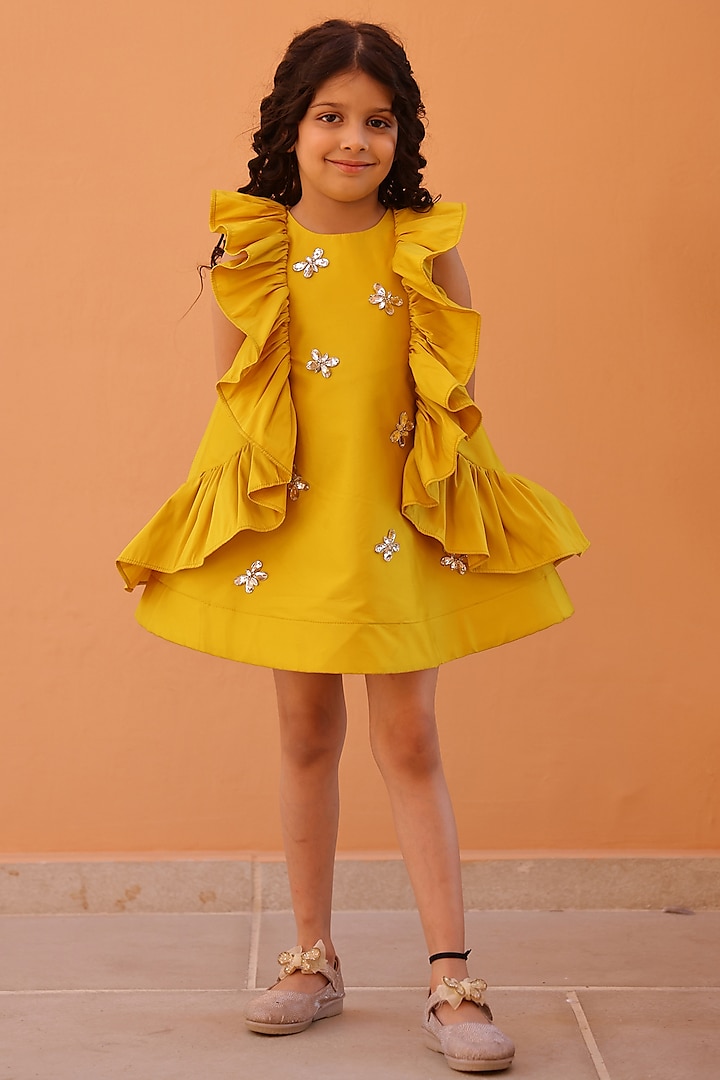 Yellow Taffeta Silk Stone Embellished Ruffled A-Line Dress For Girls by Janyas Closet at Pernia's Pop Up Shop
