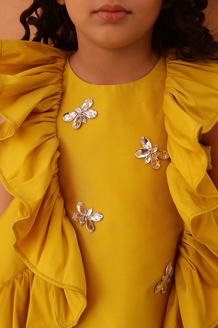 Yellow Taffeta Silk Stone Embellished Ruffled A-Line Dress For Girls by Janyas Closet at Pernia's Pop Up Shop